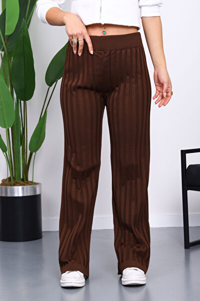 İmajButik Brown High Waist Corded Fabric Wide Leg Knitwear Trousers