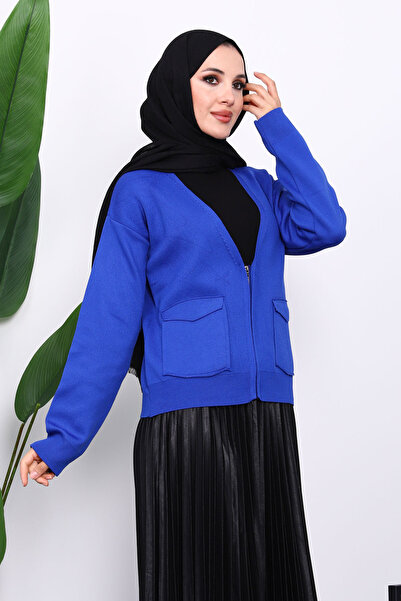 İmajButik Cobalt Blue Double Pocket Zippered Knitwear Cardigan