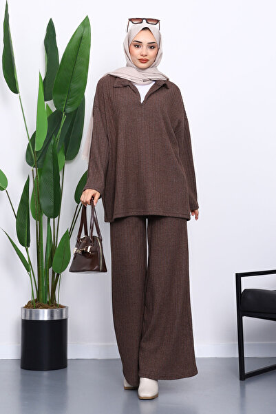 İmajButik Brown Ribbed Knit Tunic Trouser Suit