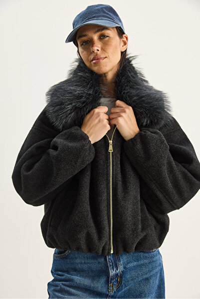 Bianco Lucci Women's Portable Fur Collar Zippered Cashmere Bomber Jacket 38185 60283786