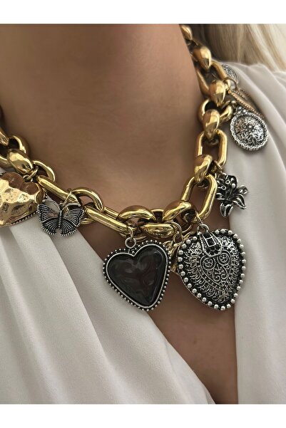MyladyAccessoriess Kalp Charm Detaylı Kalın Zincir Kolye (Pirinç Kaplama)