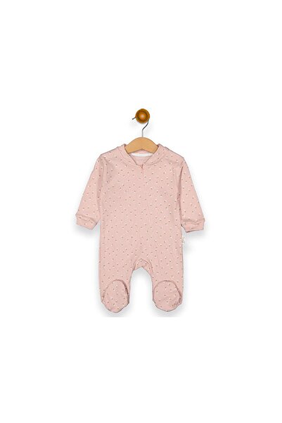 Beyaz Bebek Çiçek Desenli Fermuarlı Patikli Bebek Tulumu