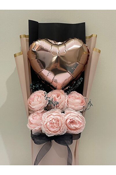 Lunea Co Kalpli Balonlu Yapay Çiçek Buketi-Kişiye Özel 6 Adet Şakayık Gül Buketi