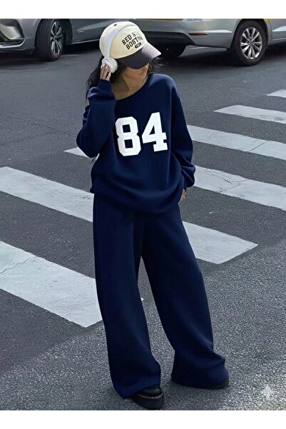 LOUİSA Women's Navy Blue Boat Neck Ribbed 84 Printed Sweatshirt-Navy Blue Loose Fit Comfortable Tracksuit Set