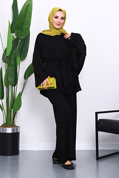 İmajButik Black Cape Detailed Tunic Trouser Suit