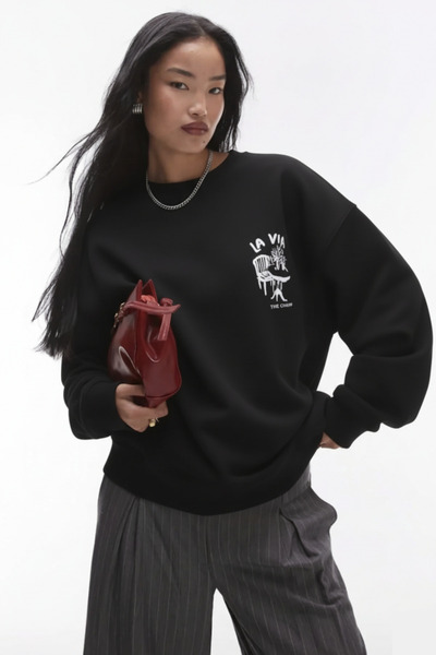 The Champ Clothing Φούτερ Unisex Μαύρο με λαιμόκοψη Dolce Casa με τύπωμα 3 Thread Ş επένδυση fleece Oversize