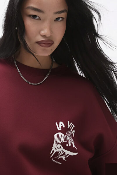 The Champ Clothing Unisex Claret Red Crew Neck Sweatshirt Dolce Casa Printed 3 İplik Ş Fleece-Lined Oversize