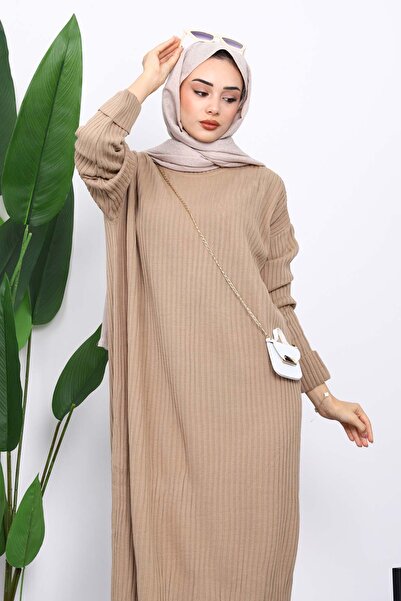 İmajButik Beige Crew Neck Side Slit Knitwear Dress