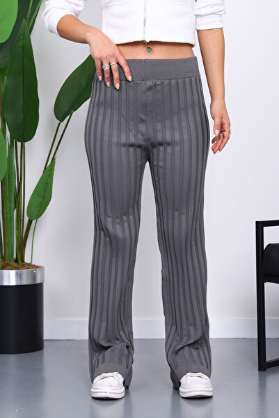 İmajButik Smoked High Waist Corded Fabric Wide Leg Knitwear Trousers