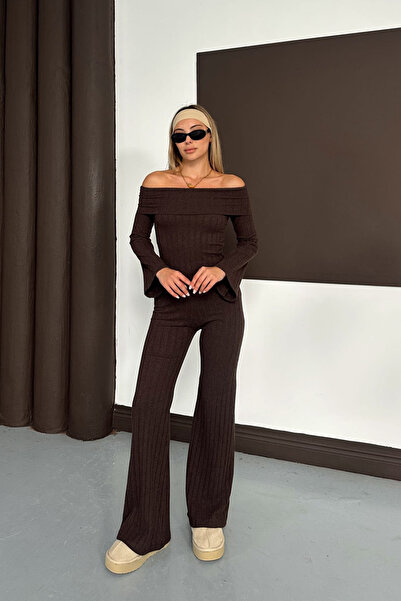 Siner Fashion Women's Brown Wide Corded Fabric Madonna Collar Blouse Wide Leg Pants Set