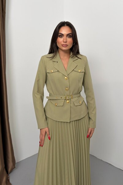 spirituel Women's Two-Piece Top and Bottom Set Belted Pocket Button Detail Blazer Jacket Pleated Long Skirt Set