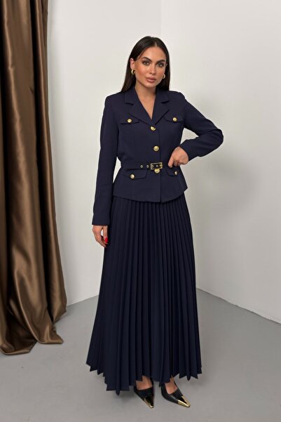 spirituel Women's Two-Piece Top and Bottom Set Belted Pocket Button Detail Blazer Jacket Pleated Long Skirt Set