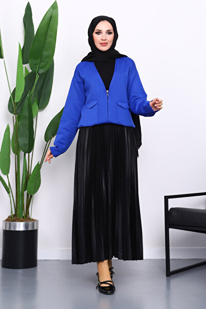 İmajButik Cobalt Blue Double Pocket Zippered Knitwear Cardigan