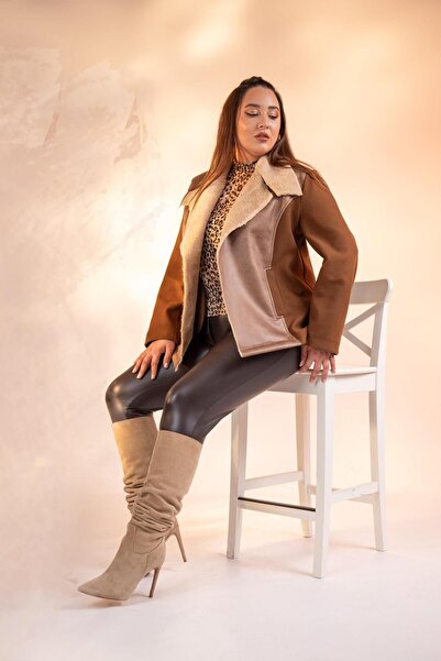 Roxxlen 12224154 Γυναικείο παλτό με γούνινο γιακά σε μεγάλο μέγεθος Camel