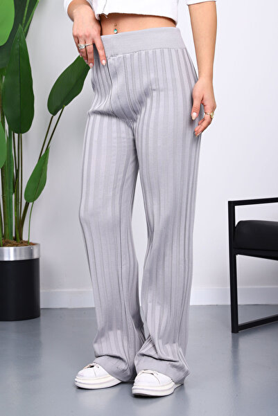 İmajButik Gray High Waist Corded Fabric Wide Leg Knitwear Trousers