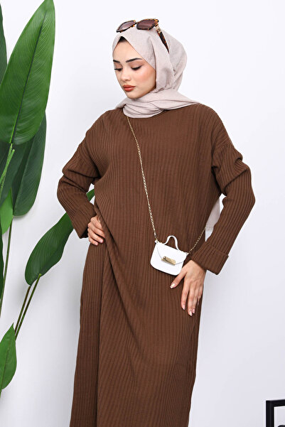 İmajButik Brown Crew Neck Side Slit Knitwear Dress