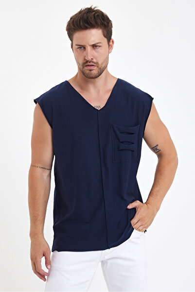 rammers V-Neck Dirty Cut Detailed Pocketed Zero Sleeve T-Shirt Comfortable Cut