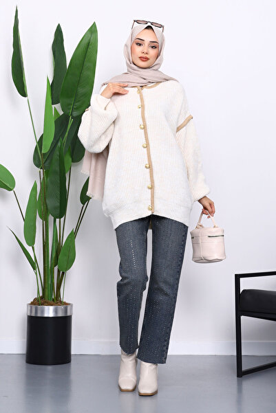 İmajButik Κρεμ Πλεκτή Ζακέτα με Μανίκια Μπαλόνι