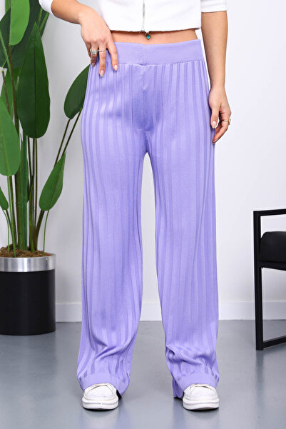 İmajButik Lila High Waist Corded Fabric Wide Leg Knitwear Trousers