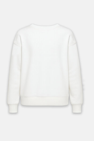 Amia&Co. White Crew Neck Fleece-Lined Printed Oversized Sweatshirt