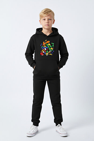 panios kids 3 İplik Winter Ş Fleece-Lined Boys' Tracksuit Set with Rubik's Cube Print Detail