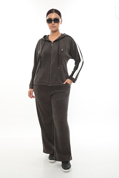 EXİTLİNE Women's Winter Special Embroidered Zippered Hooded Stone Khaki Velvet Tracksuit Set