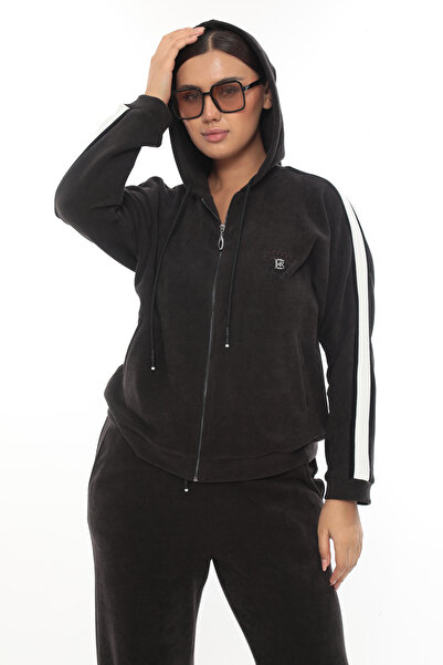 EXİTLİNE Women's Winter Special Embroidered Zippered Hooded Stone Brown Velvet Tracksuit Set