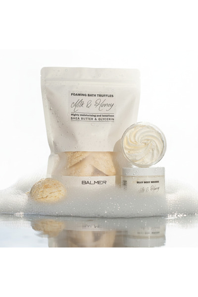 BALMER Set cadou pentru baie | Trufe spumante hidratante + unt de corp cu vitamine | Milk & Honey