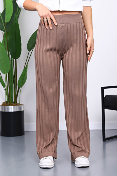 İmajButik Koyuv Mink High Waist Corded Fabric Wide Leg Knitwear Trousers