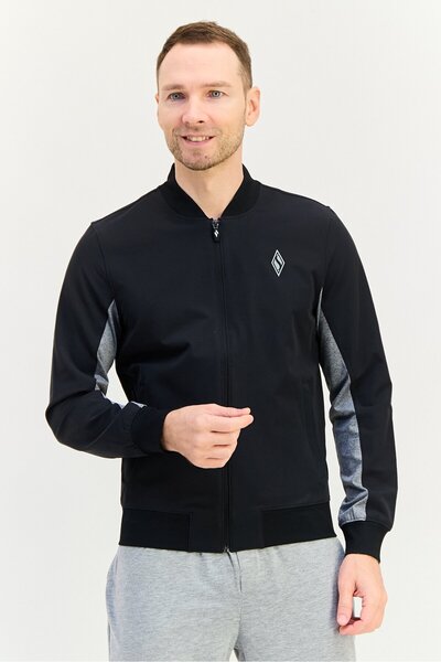 SKECHERS سترة رياضية للرجال بأكمام طويلة مناسبة للخارج، باللون الأسود