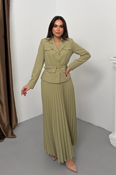 spirituel Women's Two-Piece Top and Bottom Set Belted Pocket Button Detail Blazer Jacket Pleated Long Skirt Set