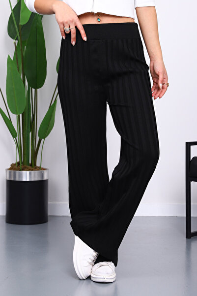 İmajButik Black High Waist Corded Fabric Wide Leg Knitwear Trousers