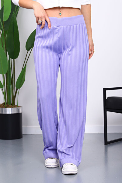 İmajButik Lila High Waist Corded Fabric Wide Leg Knitwear Trousers
