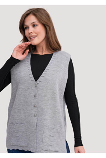Stilmony Women's Mother Plus Size Knitwear Plain Model V-Neck Vest