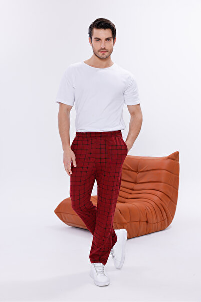 Pijamasoft Men's Cotton Pocket Plaid Printed Elastic Waist Stylish Pajama Bottoms Burgundy 21