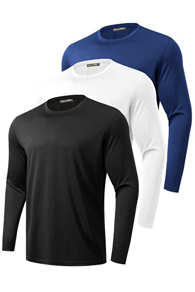 GHASSY CO. 3-Pack Men's 100% Cotton Stretch Fabric Sports Running Daily Training Long Sleeve Combed Cotton T-Shirt