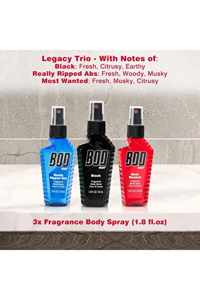 Bod Man Body Spray Holiday Gift Set for Him (Black, Really Ripped Abs, Most Wanted)