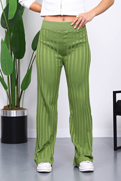 İmajButik Oil Green High Waist Corded Fabric Wide Leg Knitwear Trousers