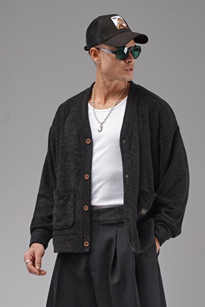 king brich Oversized Pattern Men's Cardigan with Logo Detail