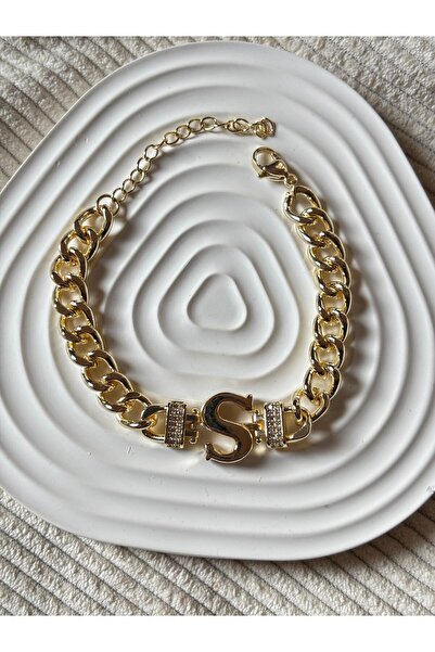 bijoux uniques S Harfli 14k yeşil altın kaplama kararmaz gurmet bileklik