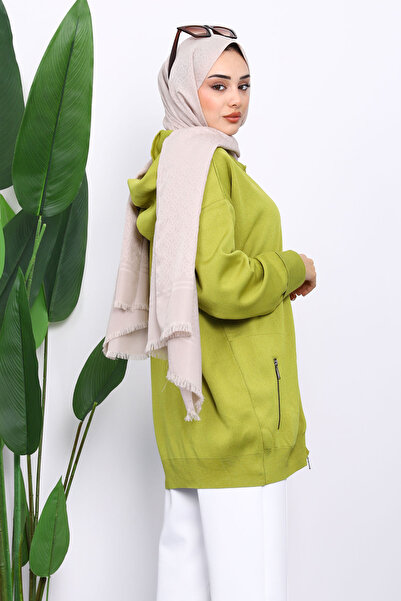 İmajButik Oil Green Double Pocket Zippered Knitwear Cardigan