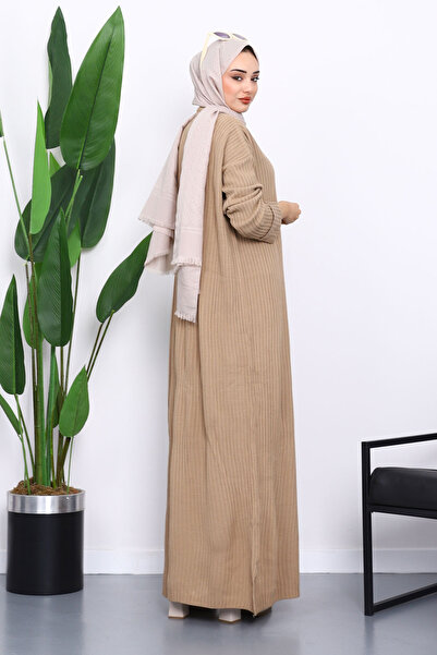 İmajButik Beige Crew Neck Side Slit Knitwear Dress
