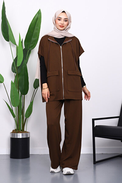 İmajButik Brown Zippered Double Pocket Modal Vest Trouser Suit