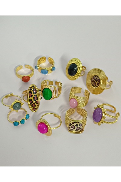 mos&more Steel 12 Pieces Leopard Natural Stone Adjustable Stylish Ring