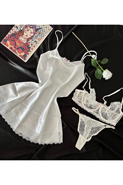Butik Saten Gecelik ve İç çamaşır Takımı Seti