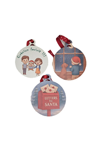 CREATIV LMS Set 3 ornamente din lemn „Craciun fericit” – modele mixte , 8 cm