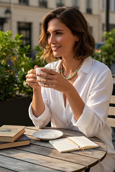 dela otantik Authentic Necklace with Turquoise Stone and Wooden Beads – Handmade Natural Bohemian Bijouterie Jewelry - Boho Necklace