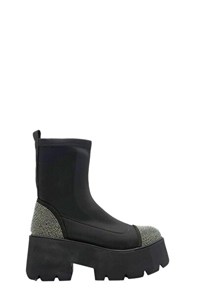 Moulin Shoes Siyah Dalgıç Kumaş Yüksek Taban Taşlı Dalgıç Kumaş Kadın Bot
