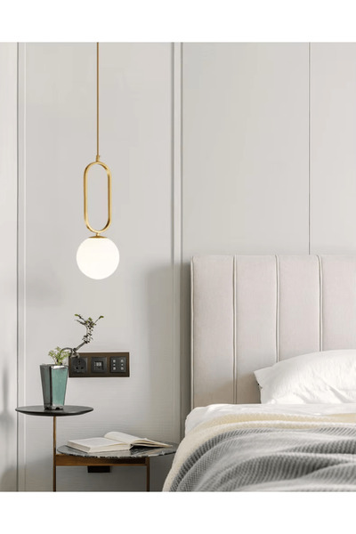 luminastar Pendant chandelier, E27 socket, white glass globe, gold body, max 40W bulb, adjustable length up to