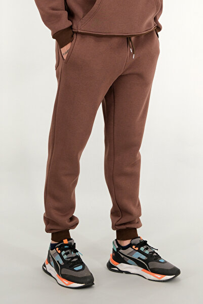 Souris Ανδρικό καφέ άνετο παντελόνι φούτερ 3 κλωστών επένδυση fleece χοντρό ύφασμα